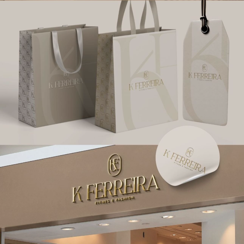 Exemplo de identidade visual: sacolas, etiqueta, adesivo e fachada com logotipo em tons neutros e dourado